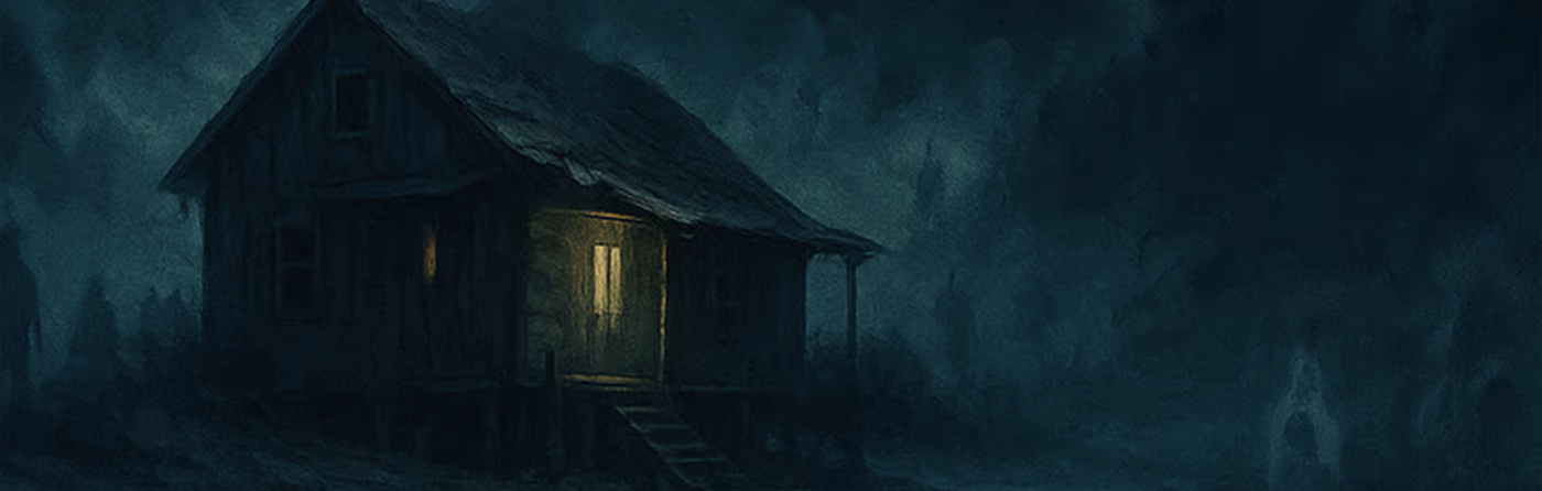 Ramshackle house with a single window glowing yellow