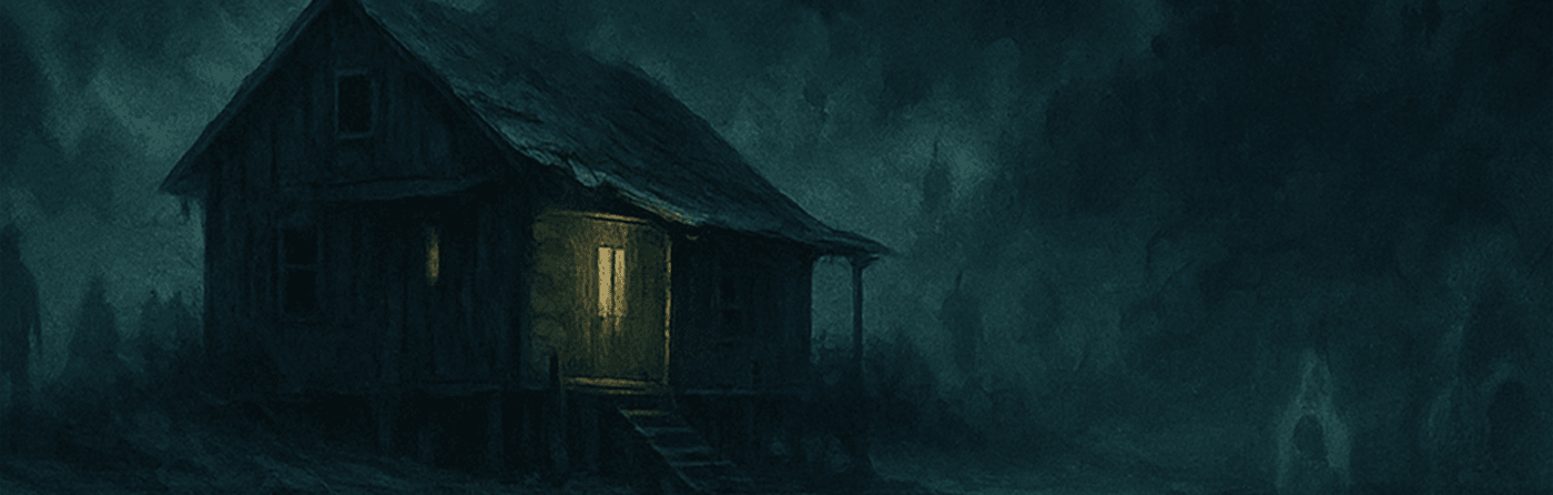 Ramshackle house with a single window glowing yellow