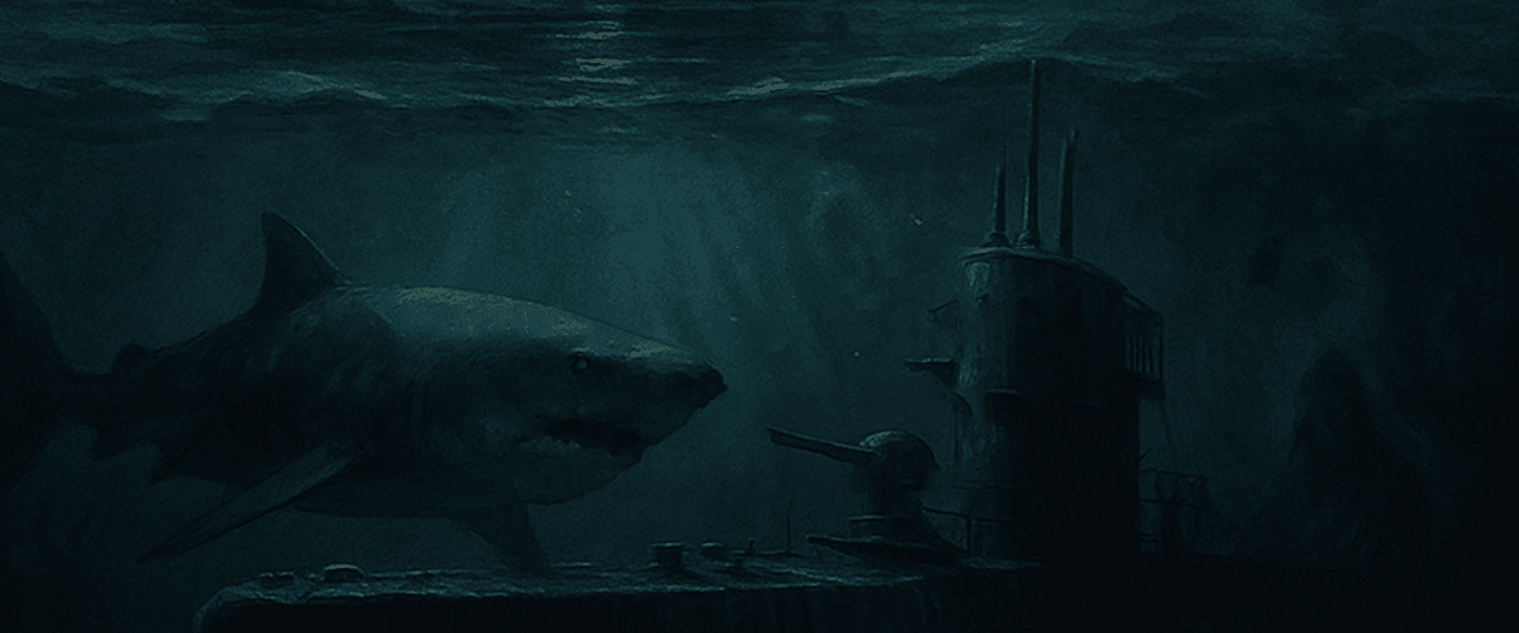 Shark swimming over a wrecked submarine